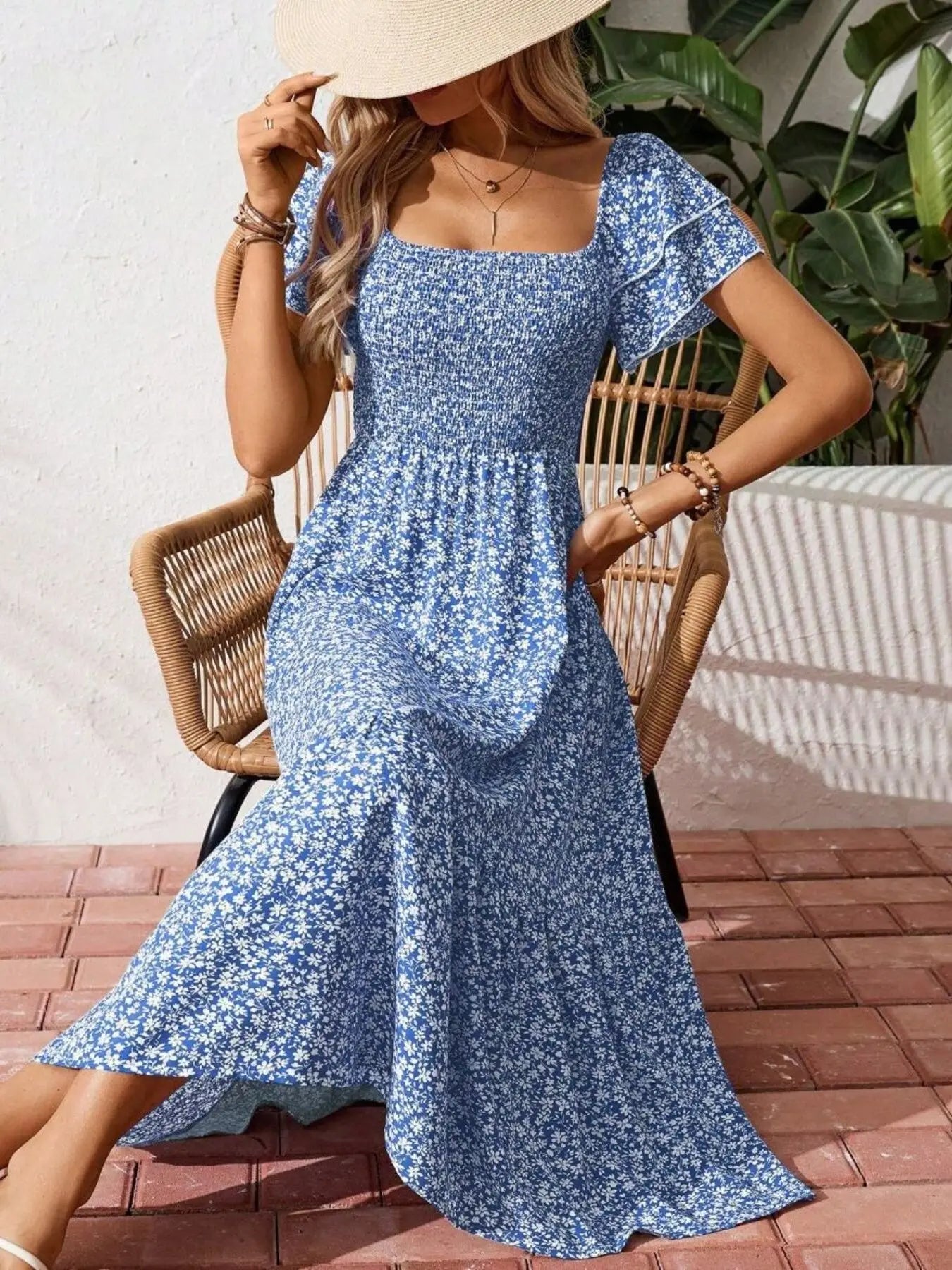 Floral Print Smocked Ruffle Sleeves Dress Trendsi
