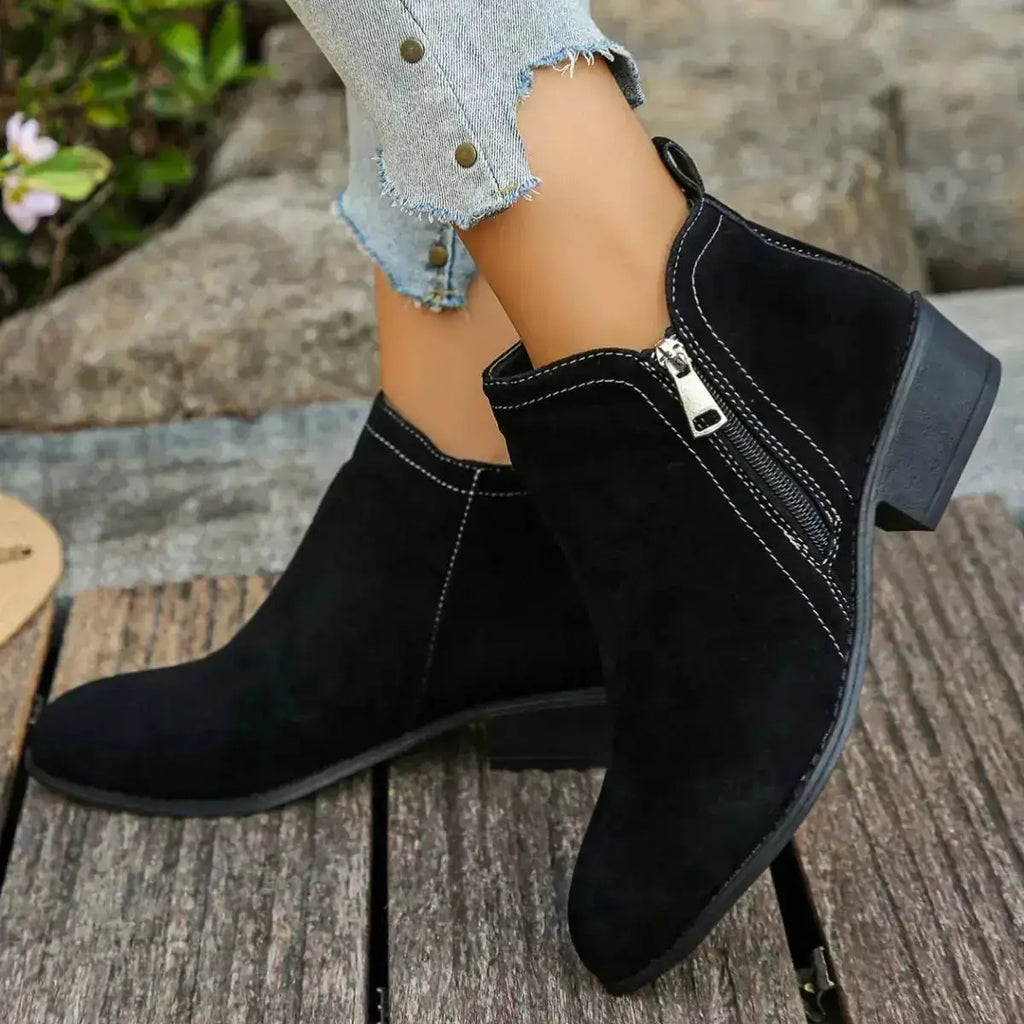 Pointed Toe Block Heel Boots in Suede by Parfymia