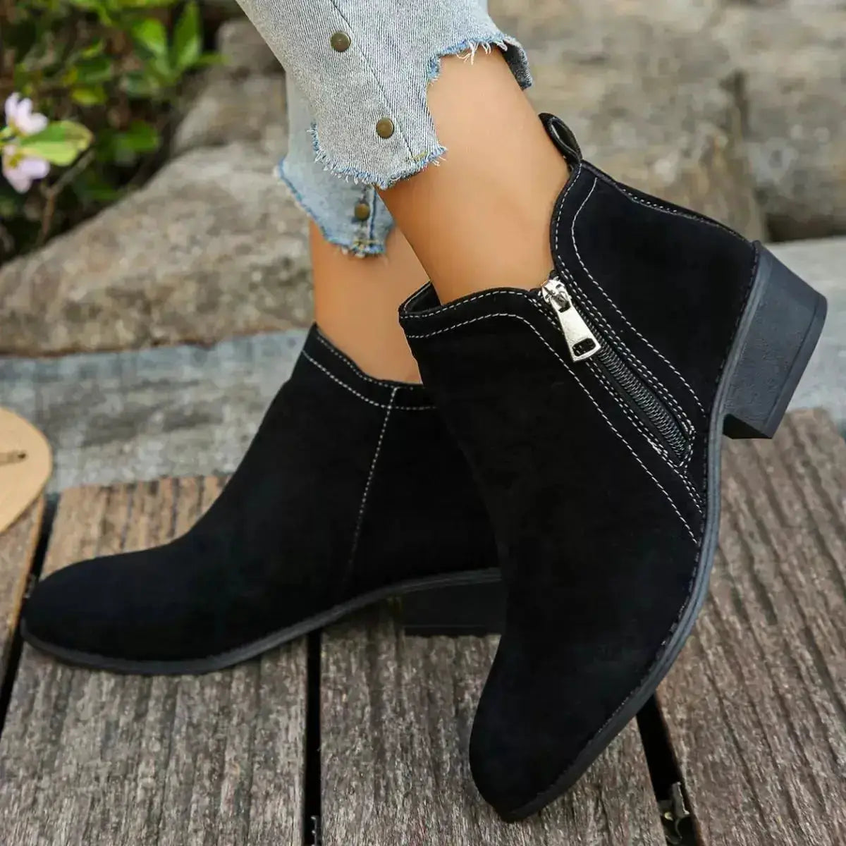 Pointed Toe Block Heel Boots in Suede by Parfymia