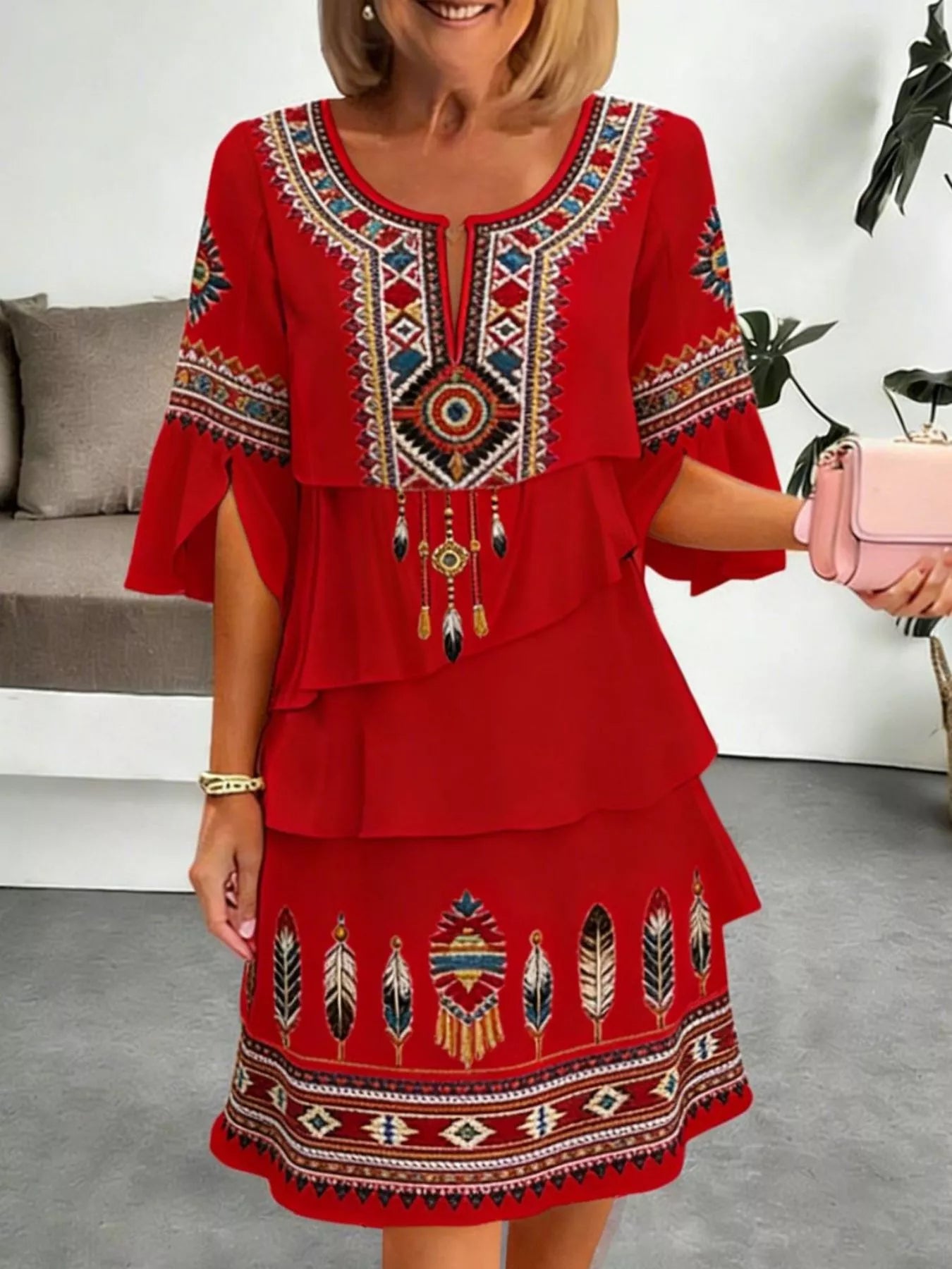 Women's Printed Dress with Ruffled Half Sleeves