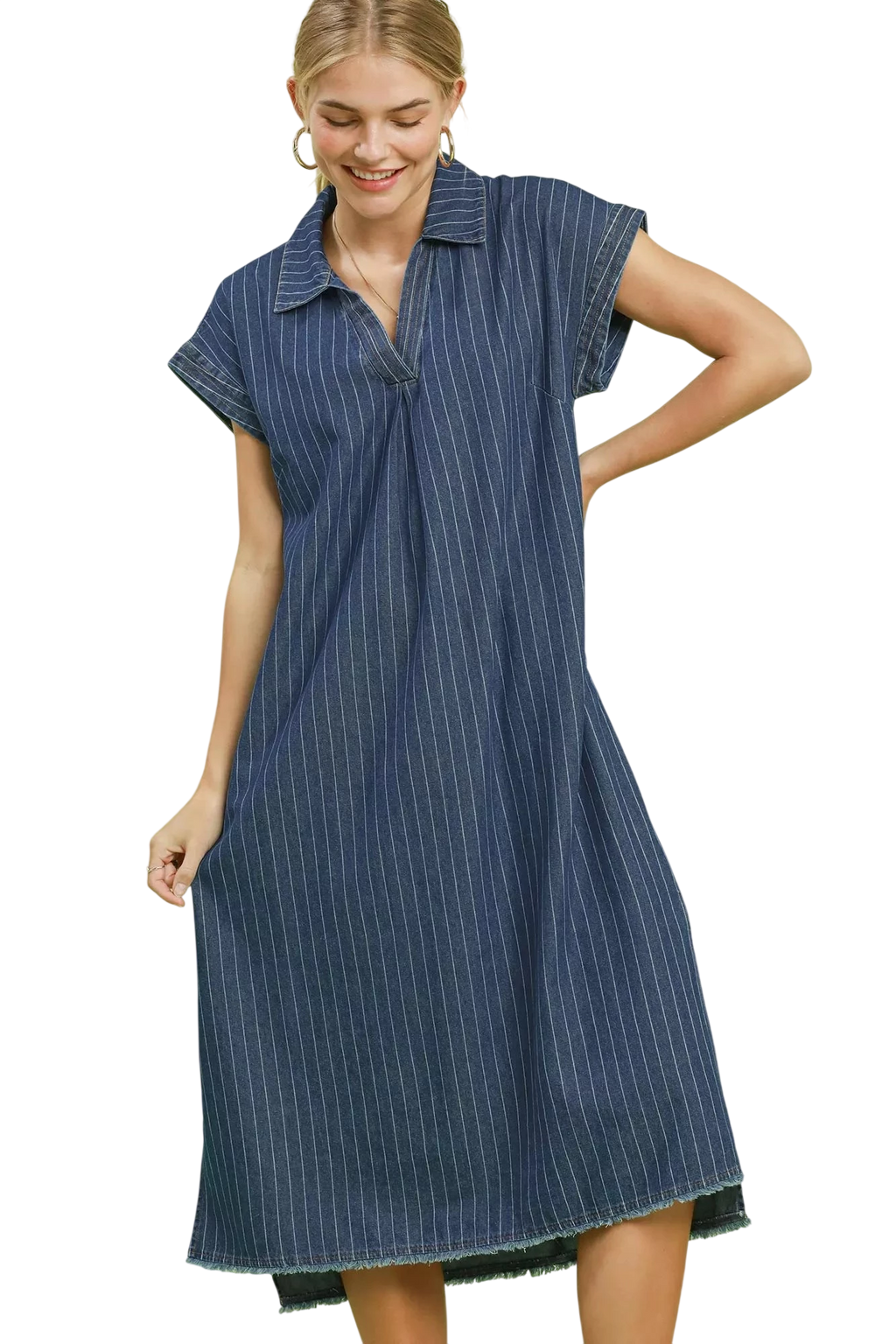 Umgee Pinstripe Denim Collared Midi Dress with Side Slits