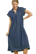 Umgee Pinstripe Denim Collared Midi Dress with Side Slits