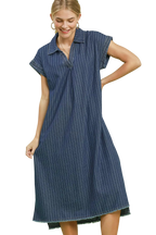 Umgee Pinstripe Denim Collared Midi Dress with Side Slits