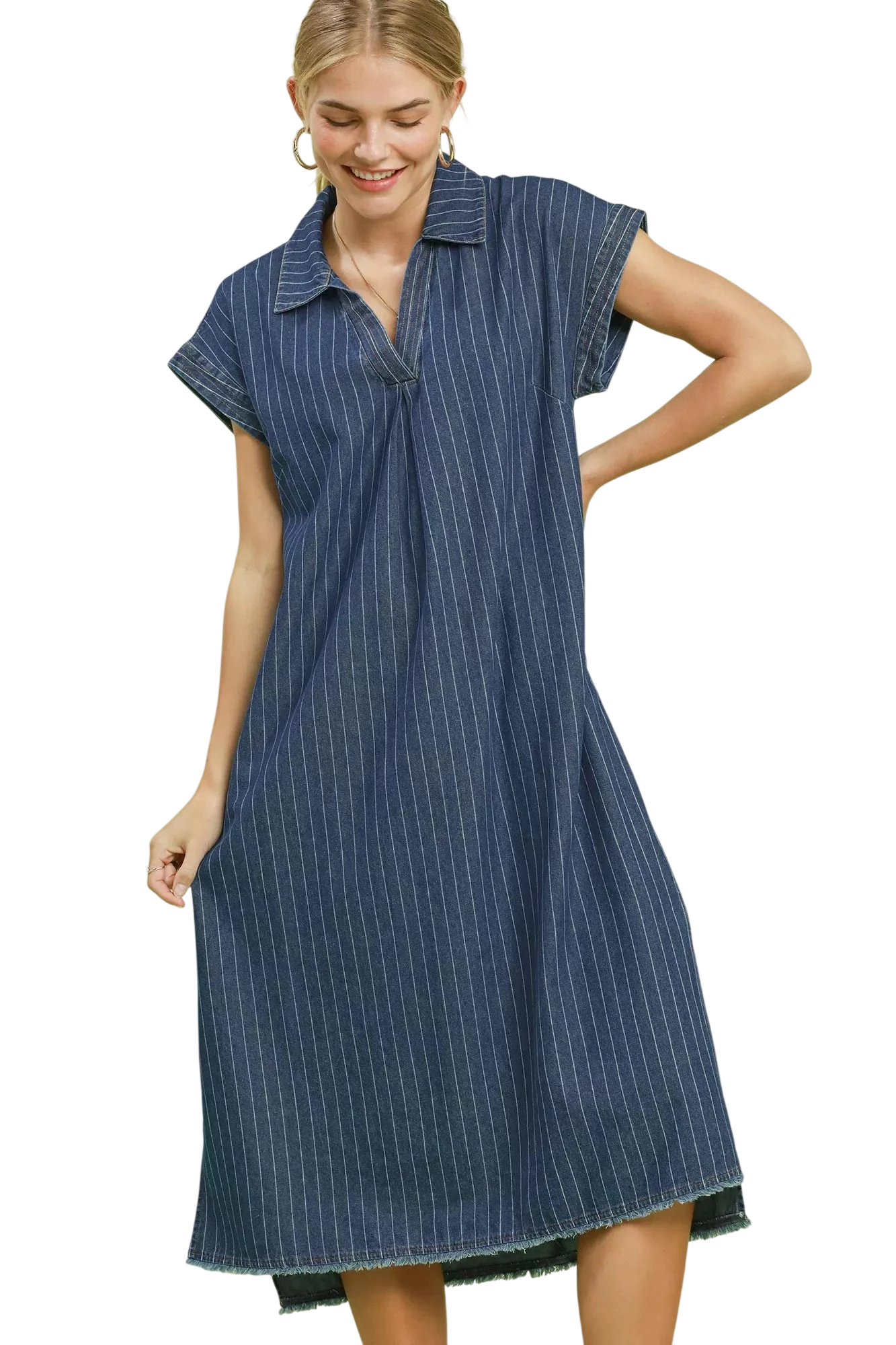 Umgee Pinstripe Denim Collared Midi Dress with Side Slits