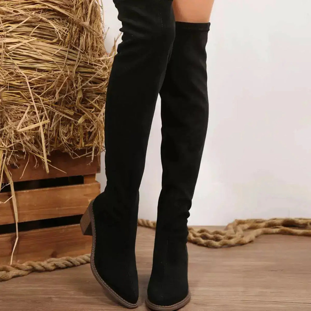 PU Leather Point Toe Block Heels Boots by Parfymia