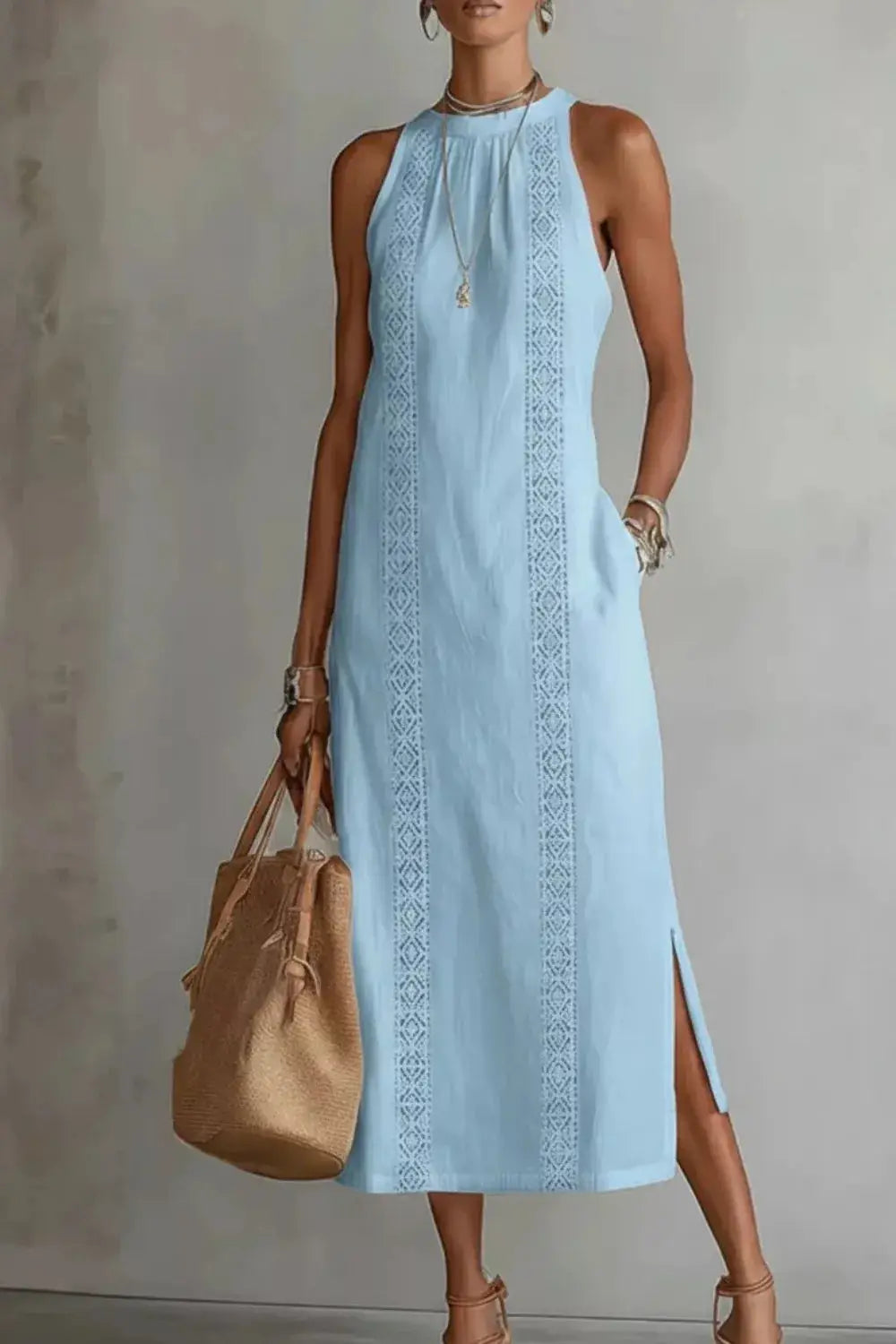 Sleeveless Side Slit Dress with Pockets Trendsi