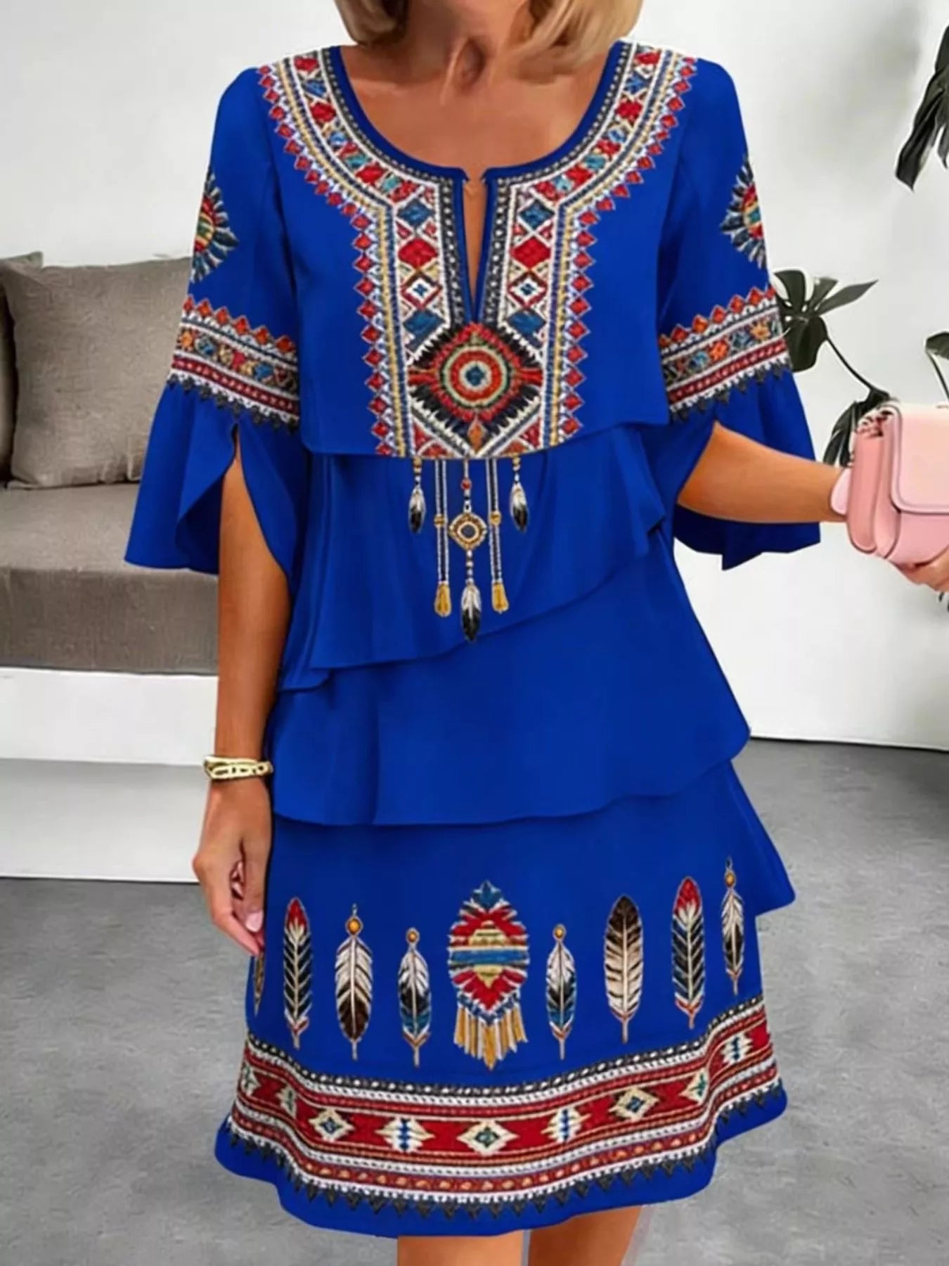 Women's Printed Dress with Ruffled Half Sleeves