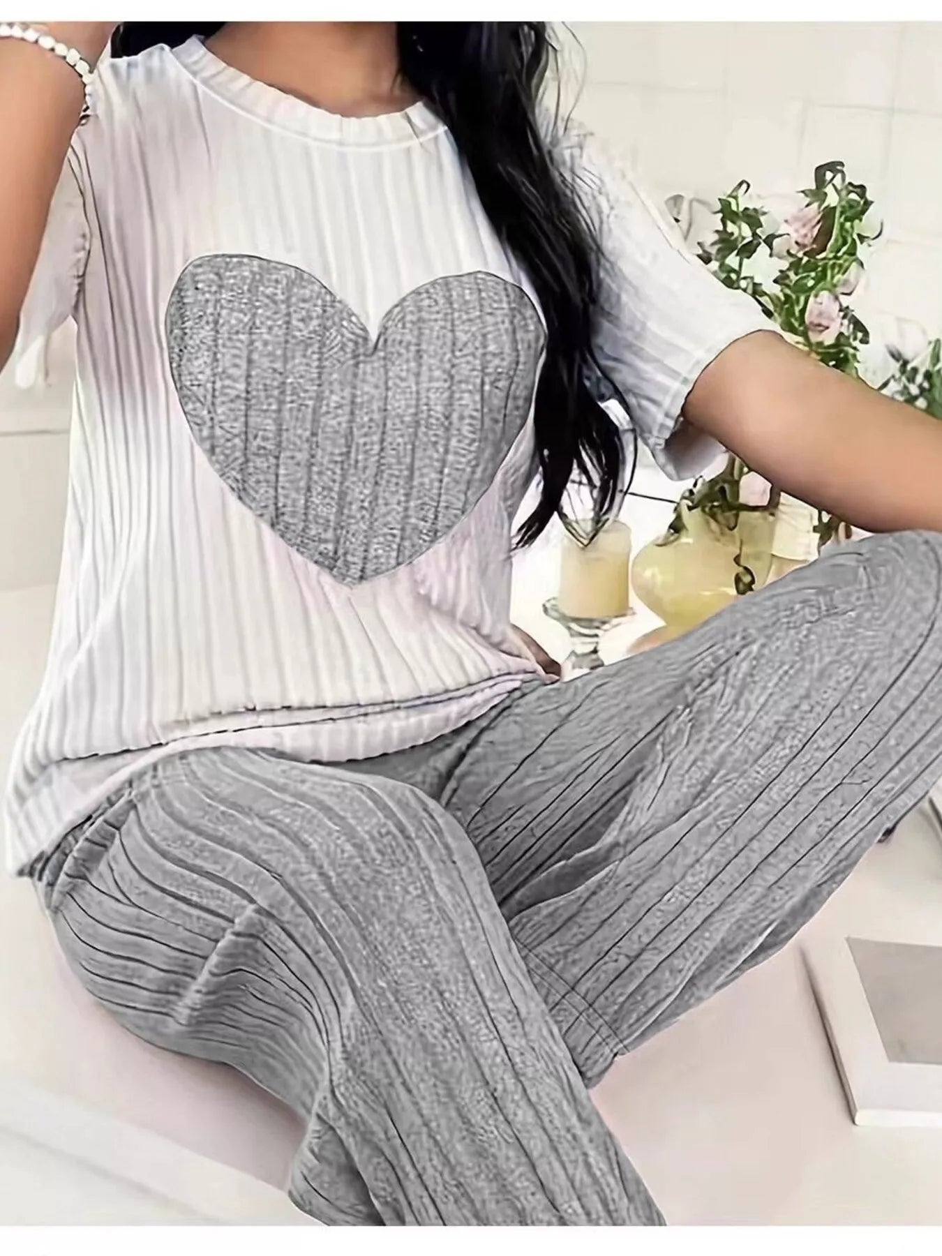 Women's Loungewear Heart Ribbed Knit Set