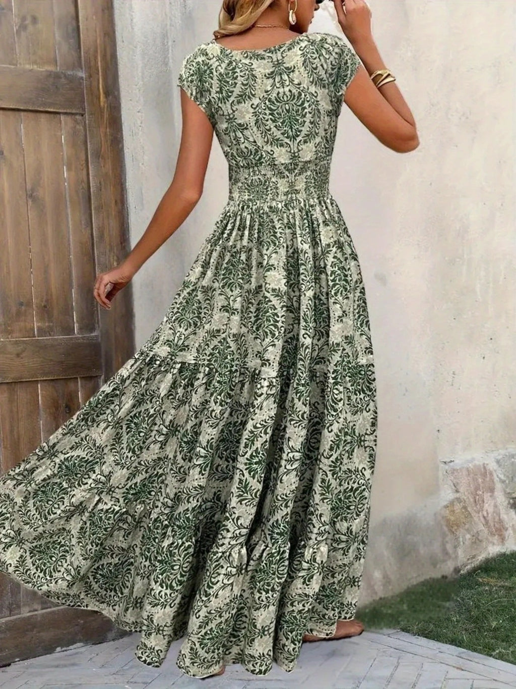 Printed Cap Sleeve Maxi Dress Trendsi