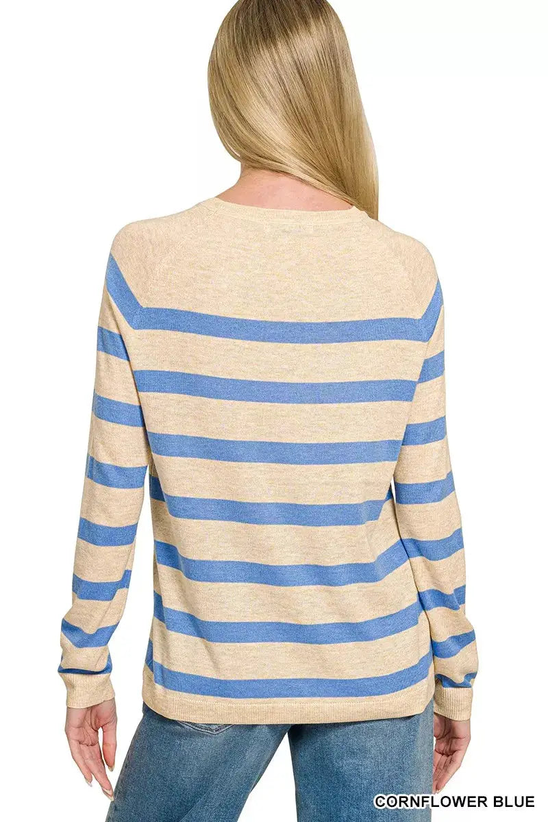 Zenana Lightweight Cornflower Blue Striped Round Neck Wool Blend Sweater — Parfymia