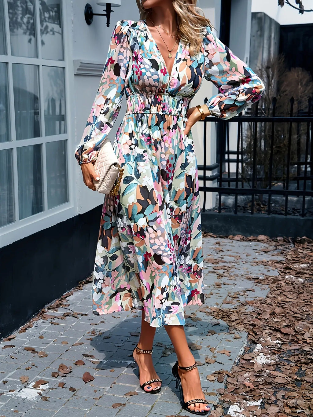 Floral Print Long Sleeve Midi Dress Trendsi