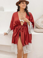 Women's Plus Size Lace Patchwork Tie Front Robe