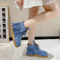 Canvas Fringe Studded Round Toe Boots by Parfymia