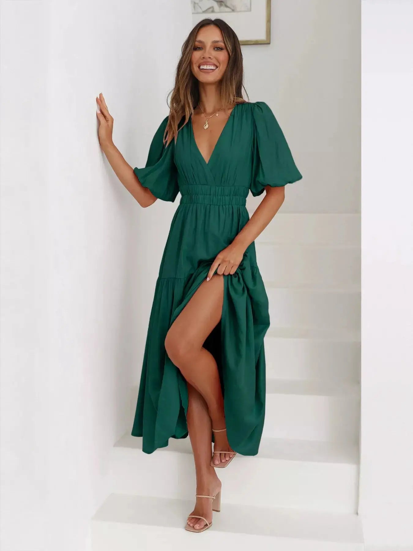 Tiered Puff Sleeve Midi Dress Trendsi