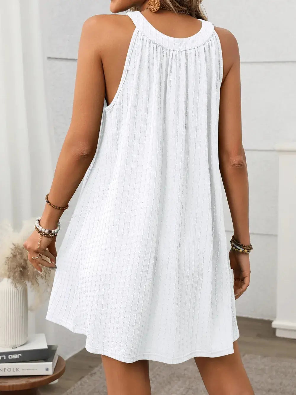 Textured Grecian Neck Mini Dress Trendsi