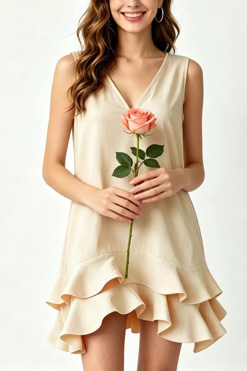 Women's Mini Dress – Ruffle Hem V-Neck