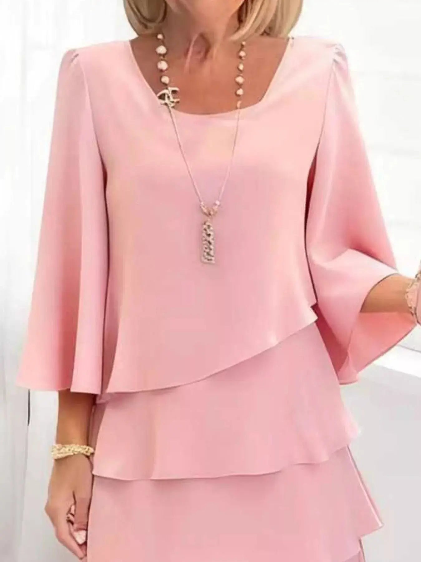 Full Size Ruffled Layered 3/4 Sleeve Dress Plus Size Trendsi