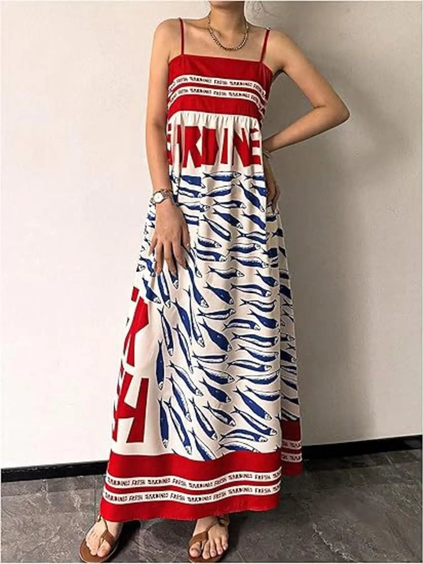 Sardine Print Spaghetti Strap Maxi Dress Trendsi