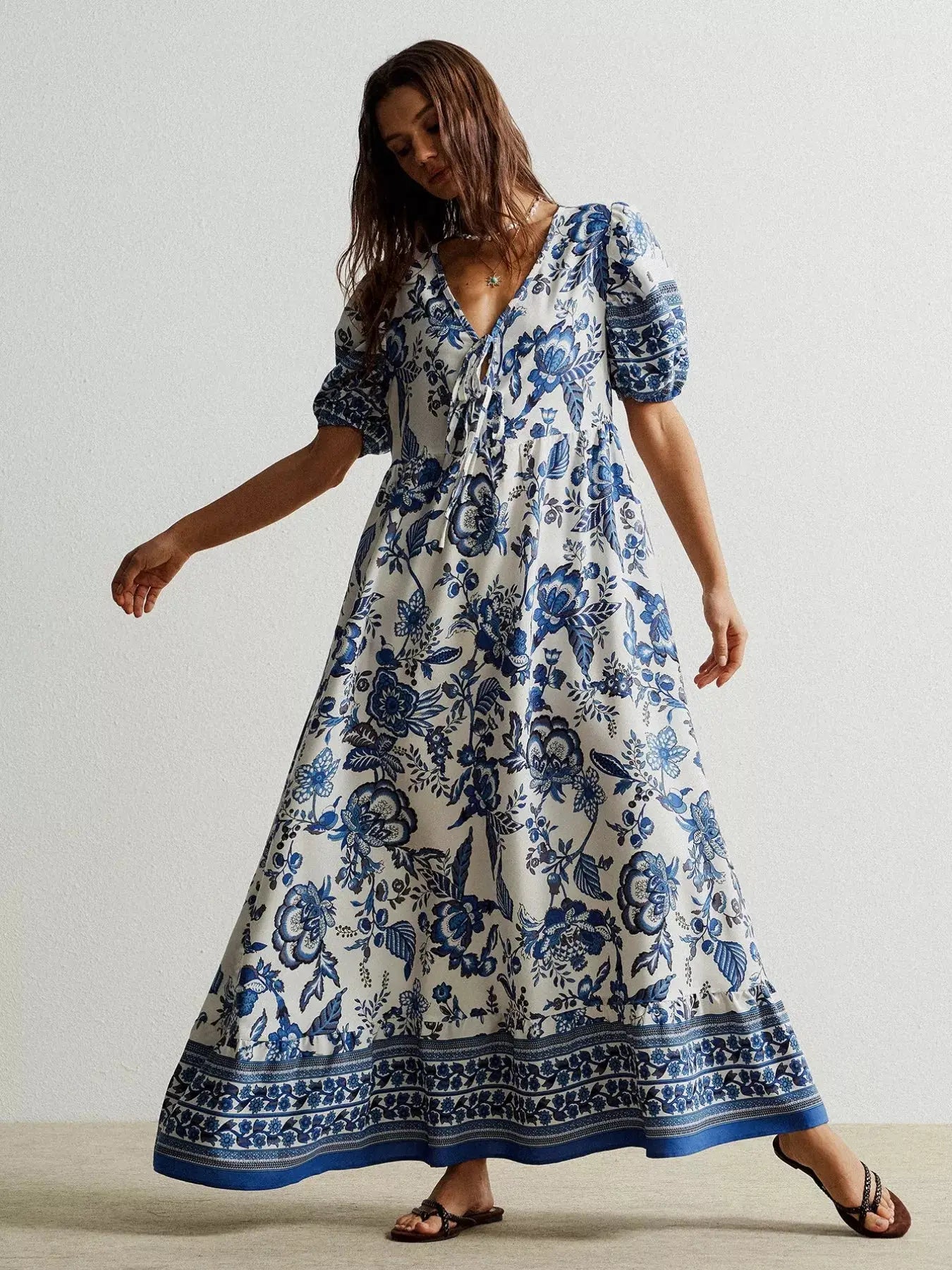 Floral Print Tie-Neck Puff Sleeve Maxi Dress Trendsi