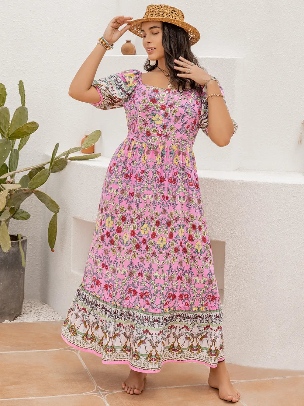 Women's Plus Size Printed Square Neck Dress
