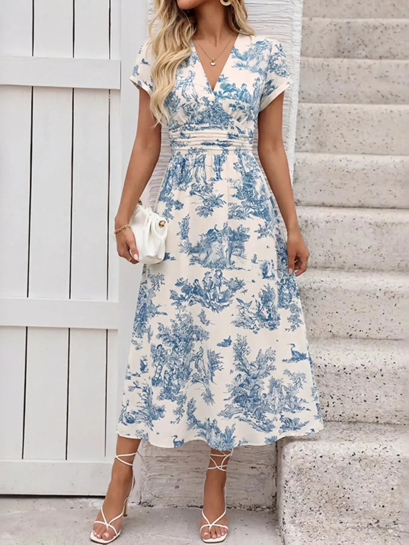 Printed Short Sleeve Midi Dress Trendsi