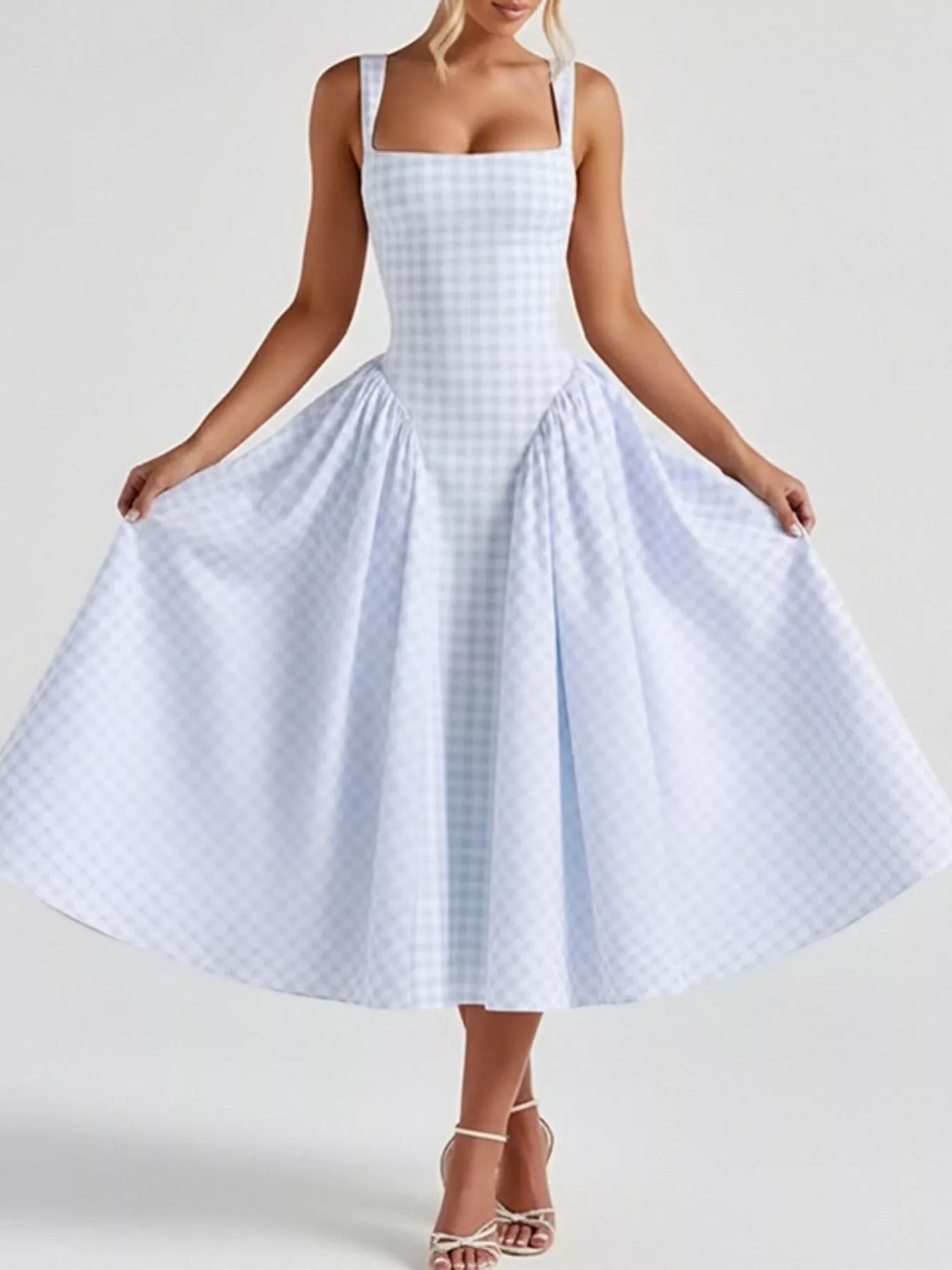 Women's Plaid Midi Dress – Square Neckline Plus Size