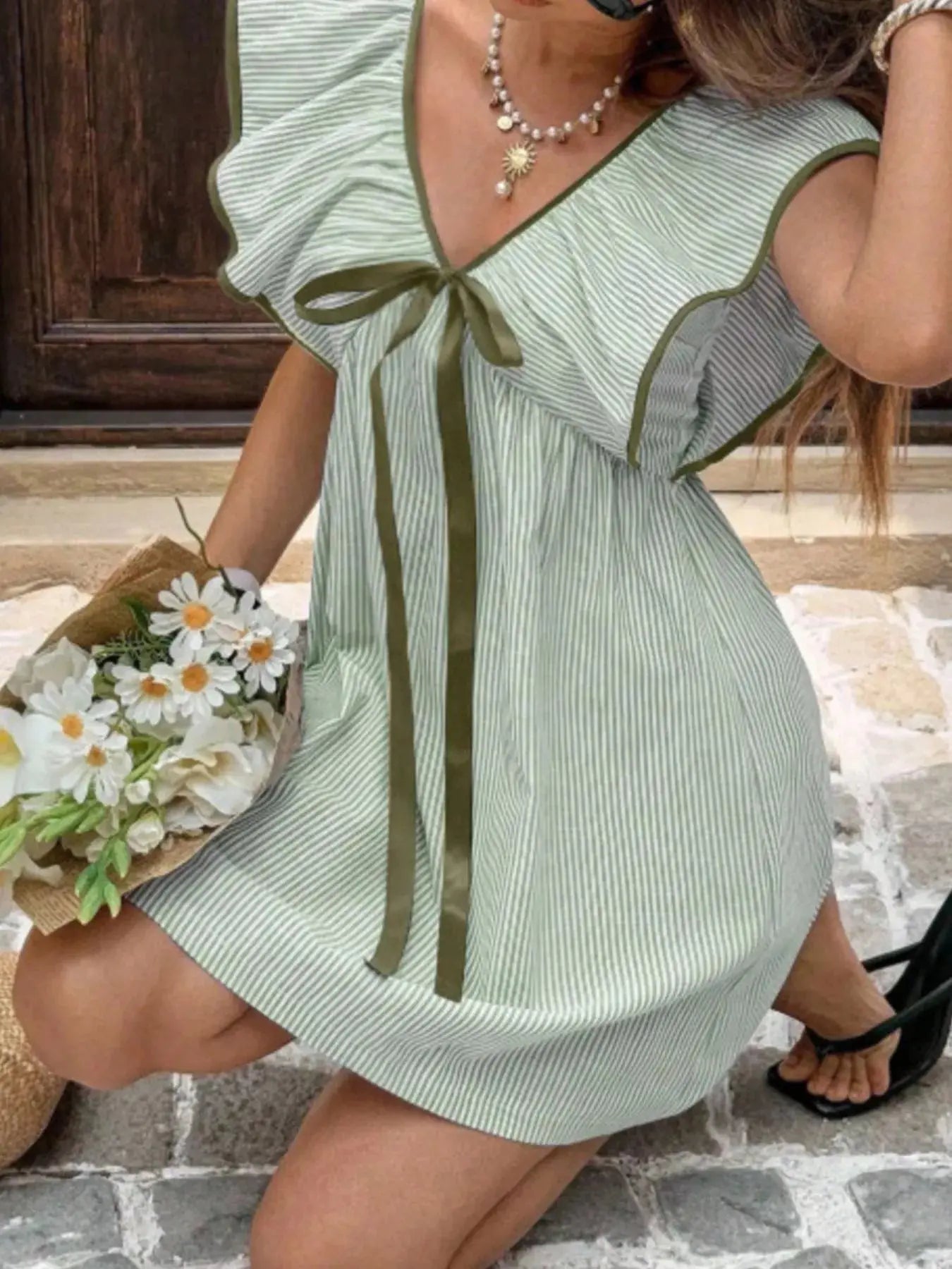 Striped Ruffle Sleeve Mini Dress Trendsi