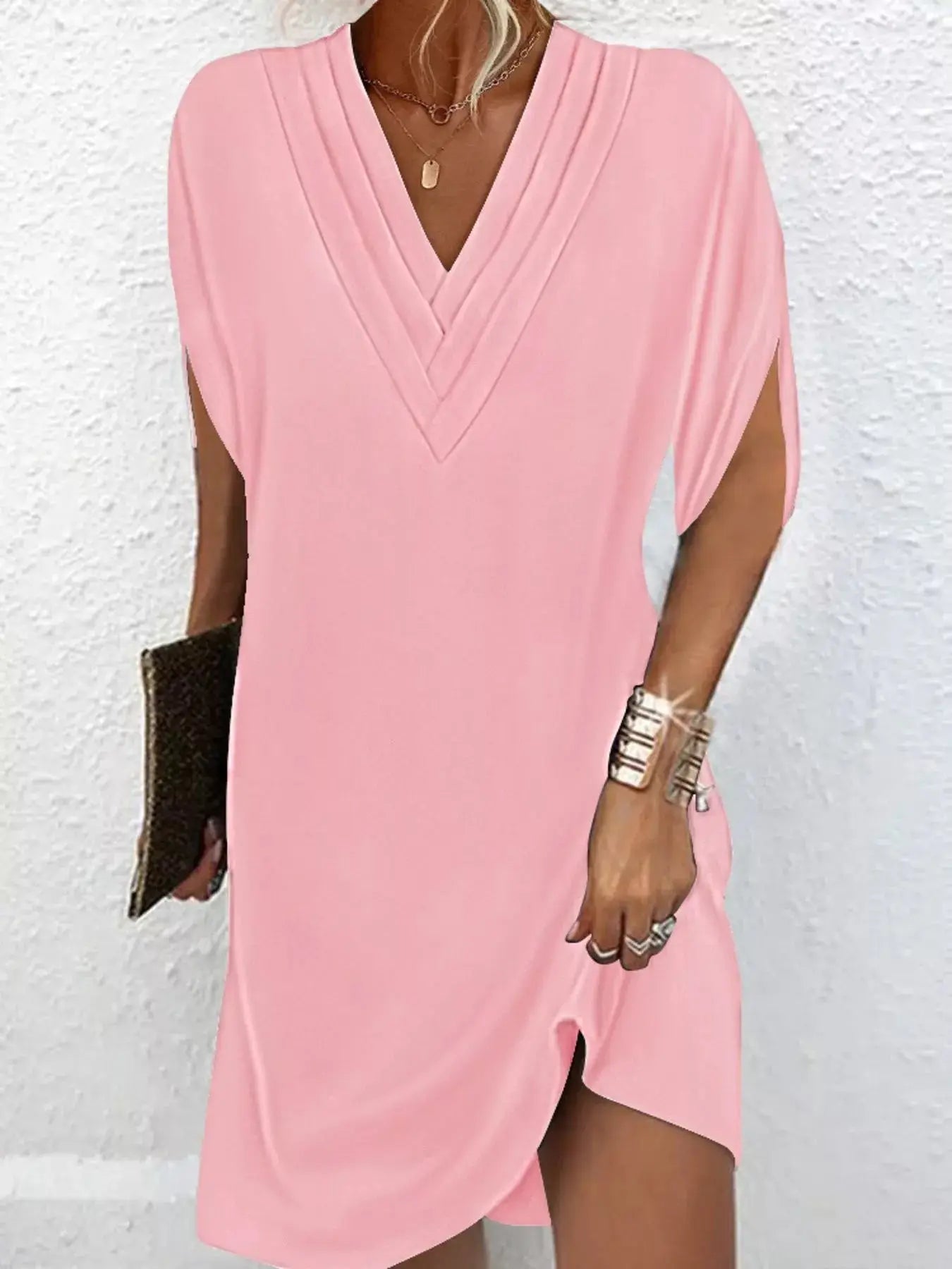 Full Size V-Neck Slit Sleeve Mini Dress Plus Size Trendsi