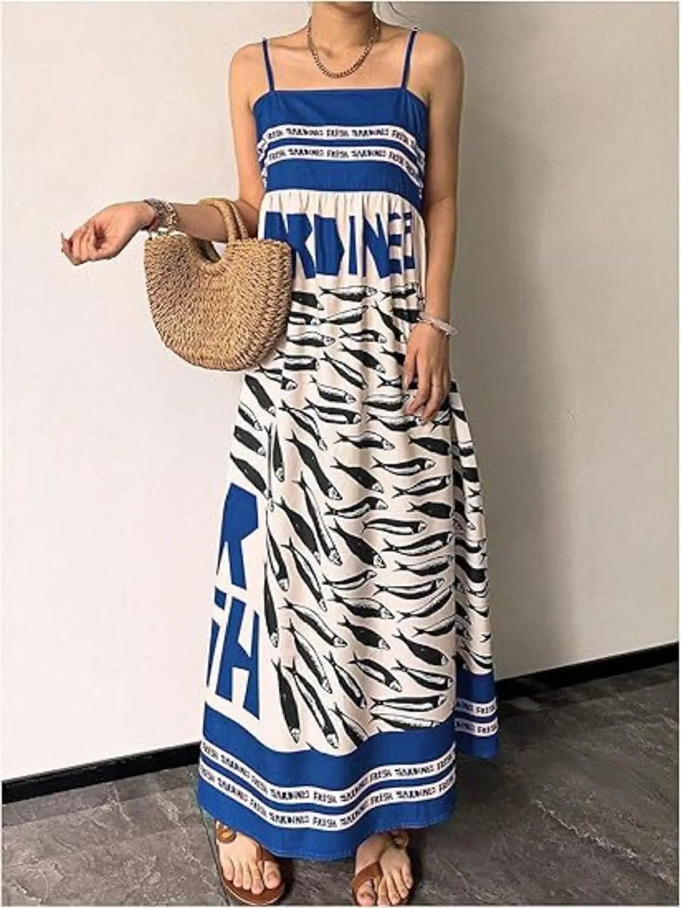 Sardine Print Spaghetti Strap Maxi Dress Trendsi