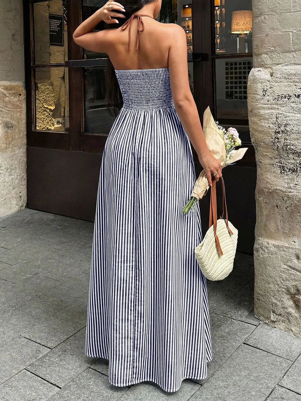 Striped Halter Neck Maxi Dress Trendsi