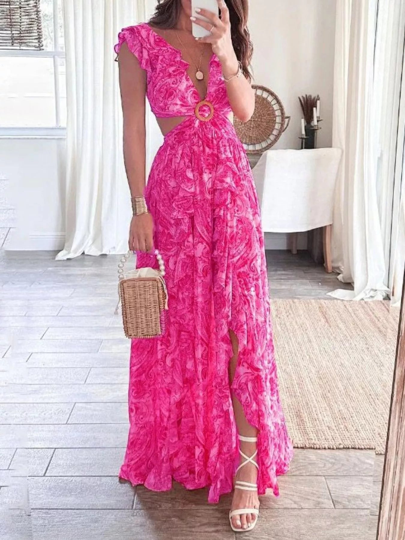 Women's Maxi Dress – Ruffled Cutout V-Neck