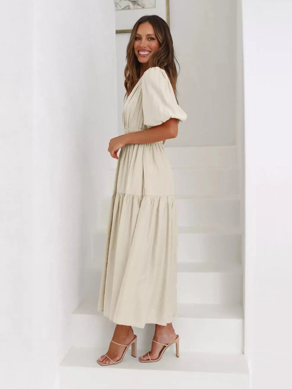 Tiered Puff Sleeve Midi Dress Trendsi