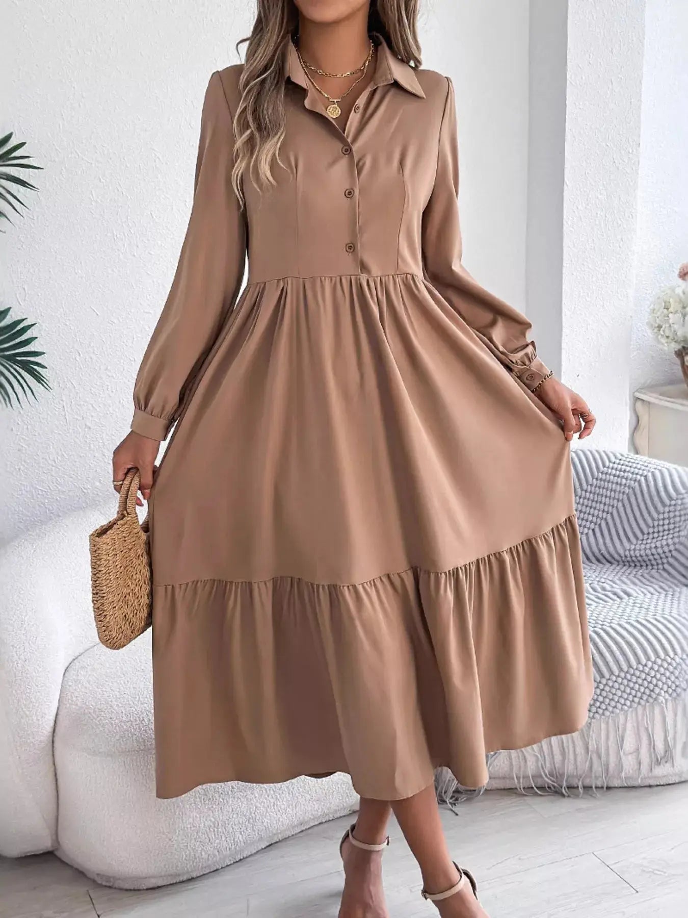 Long Sleeve Tiered Button Front Midi Dress Trendsi