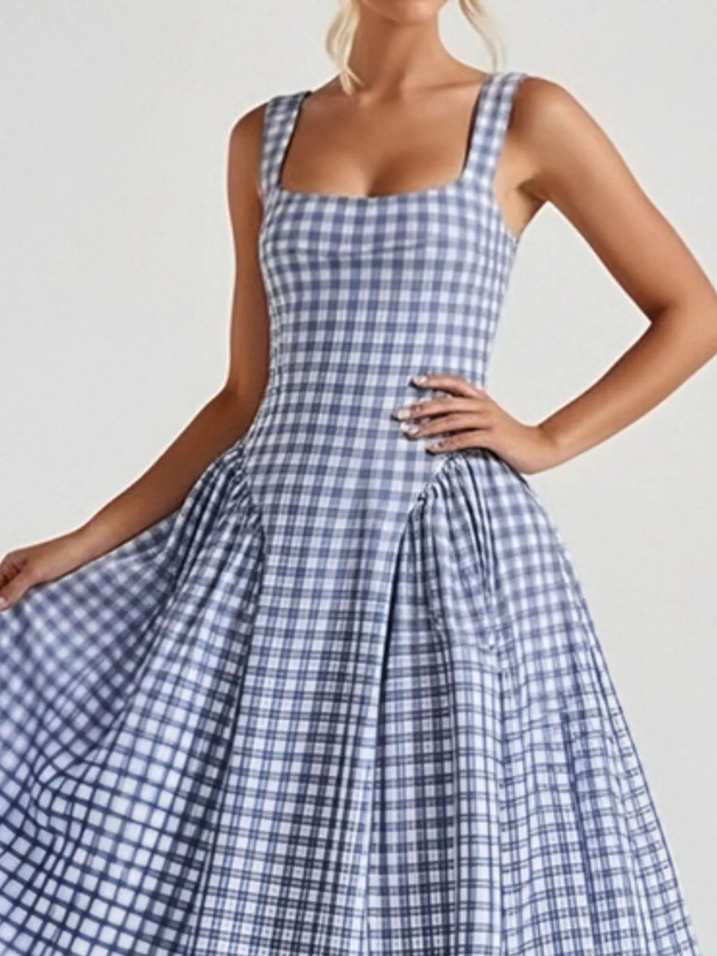 Women's Plaid Midi Dress – Square Neckline Plus Size