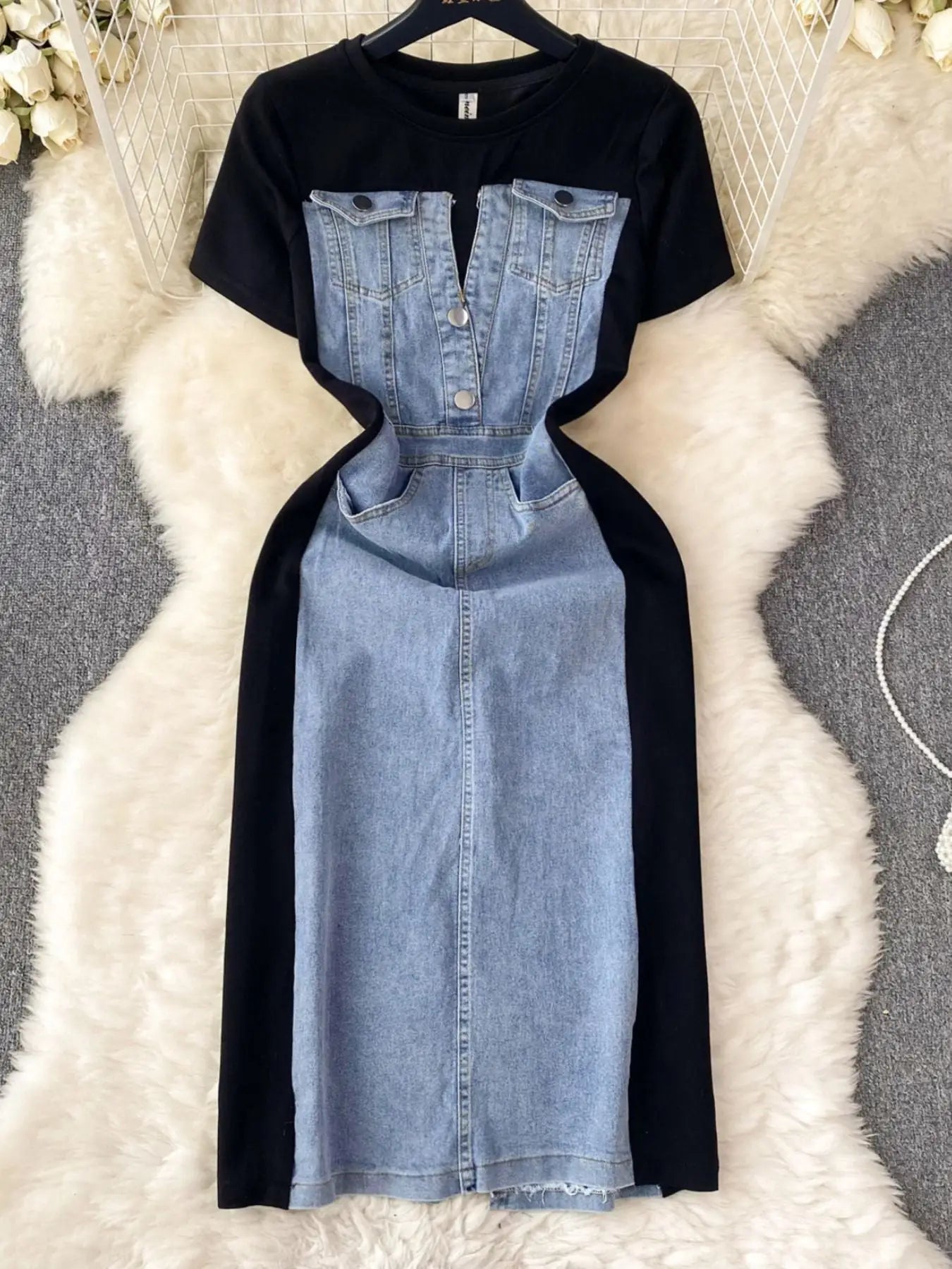 Full Size Denim Patchwork Short Sleeve Slit Back Dress Plus Size Trendsi