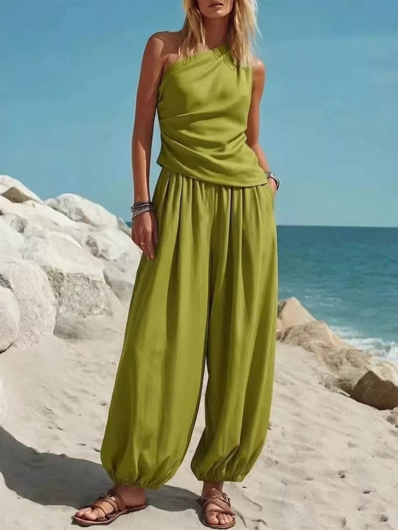 Women's Pants Set – One-Shoulder Top & Wide Leg
