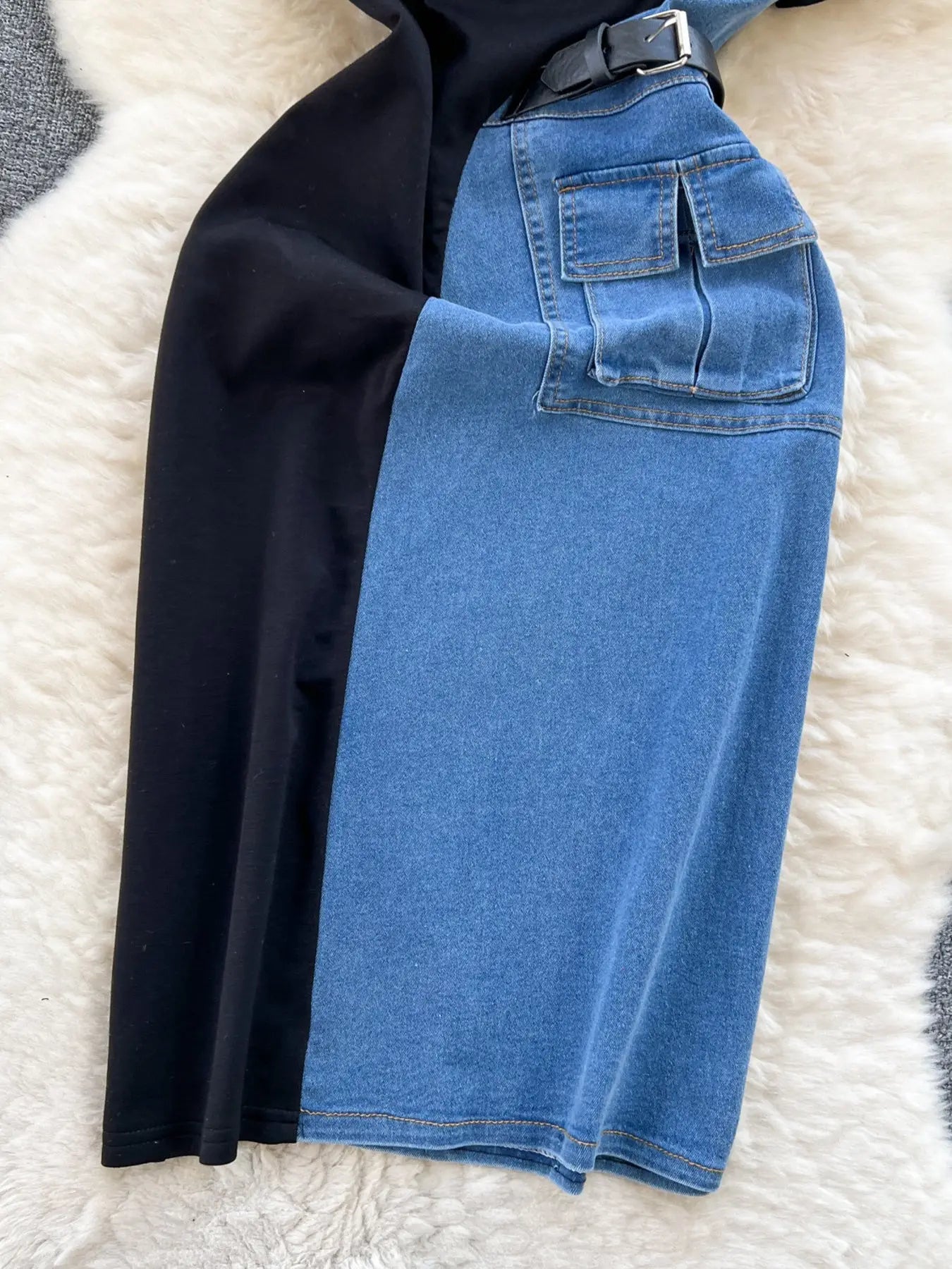 Full Size Color Block Denim Patchwork Short Sleeve Midi Dress Plus Size Trendsi