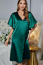 Women's Satin V-Neck Night Dress with Flutter Sleeves