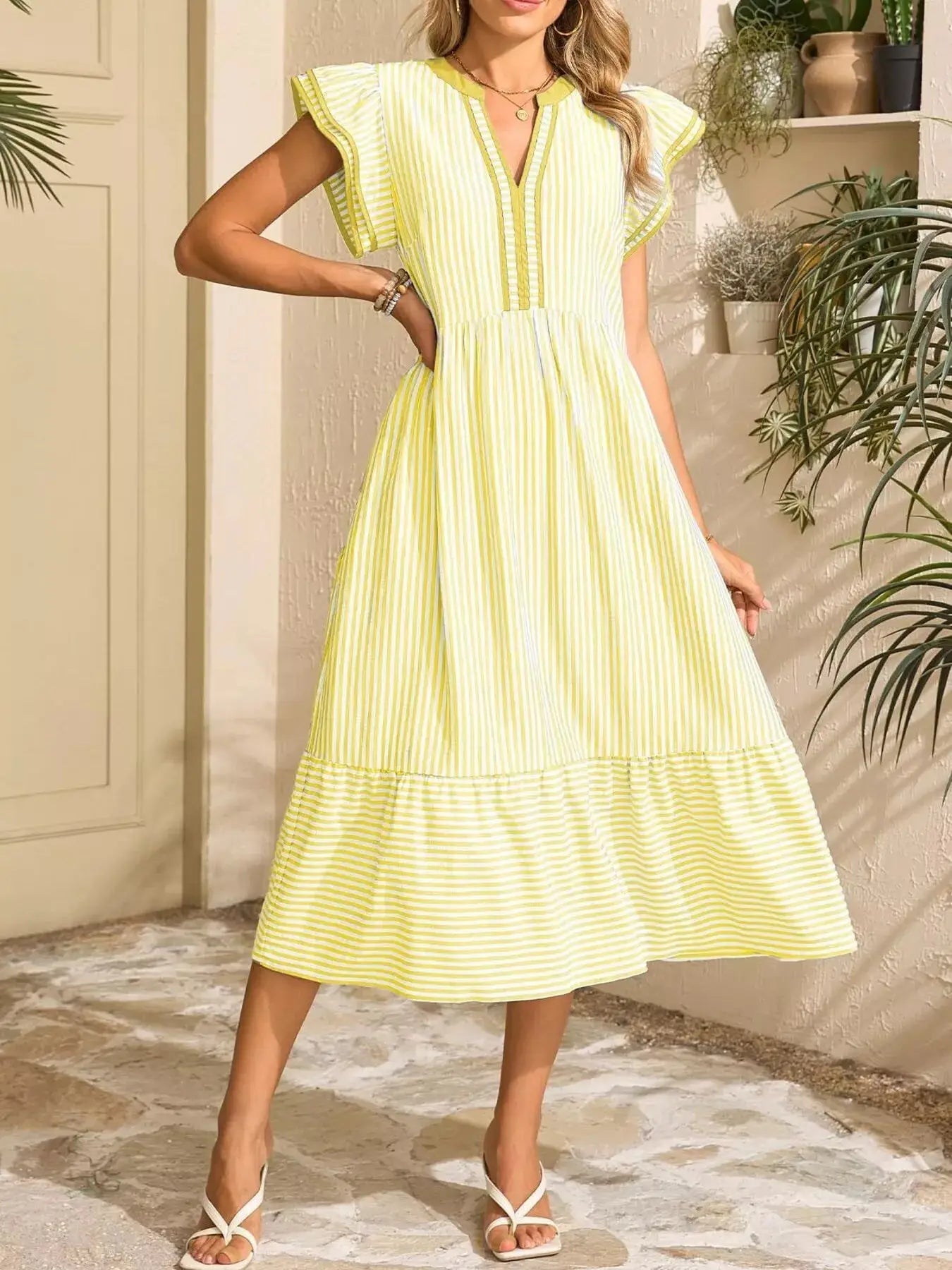 Striped Notched Ruffle Sleeve Dress Trendsi