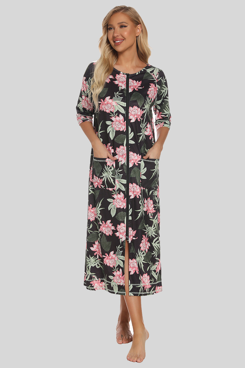 Women's Printed Slit Night Dress with Pockets