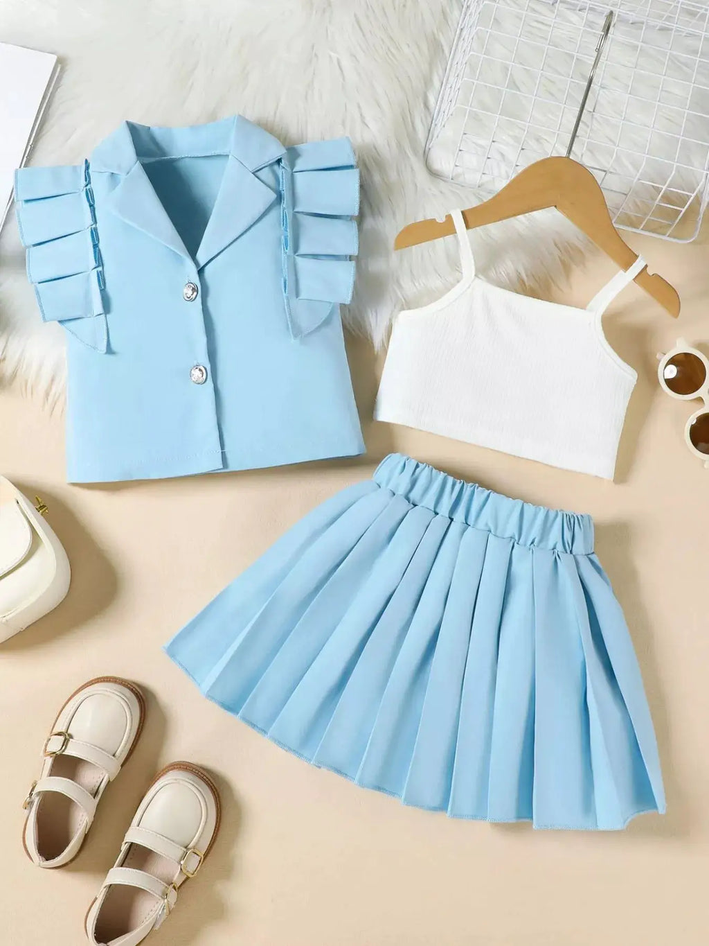 Girls Cami Top And Button Detail Pleated Skirt Set — Parfymia