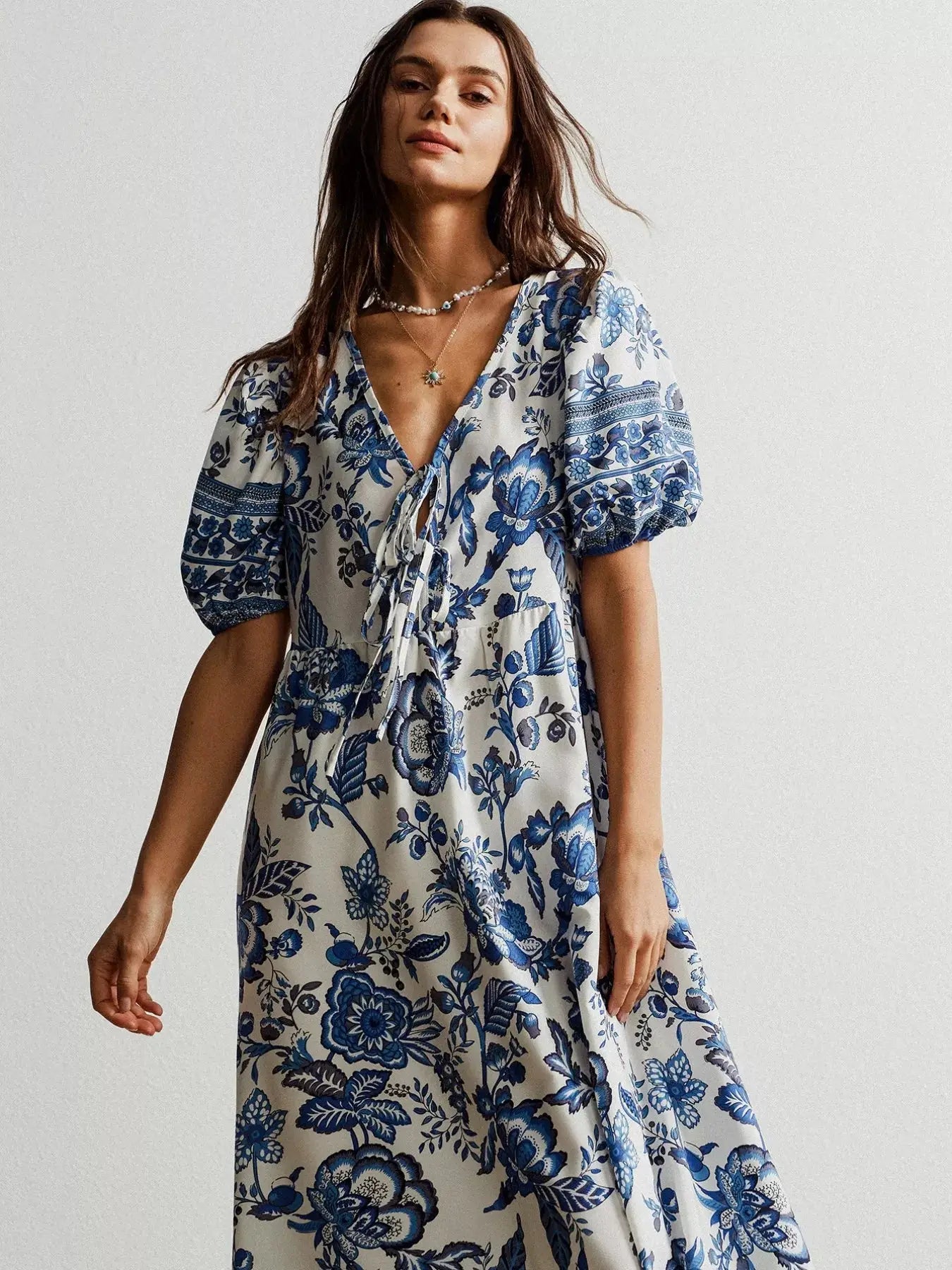 Floral Print Tie-Neck Puff Sleeve Maxi Dress Trendsi
