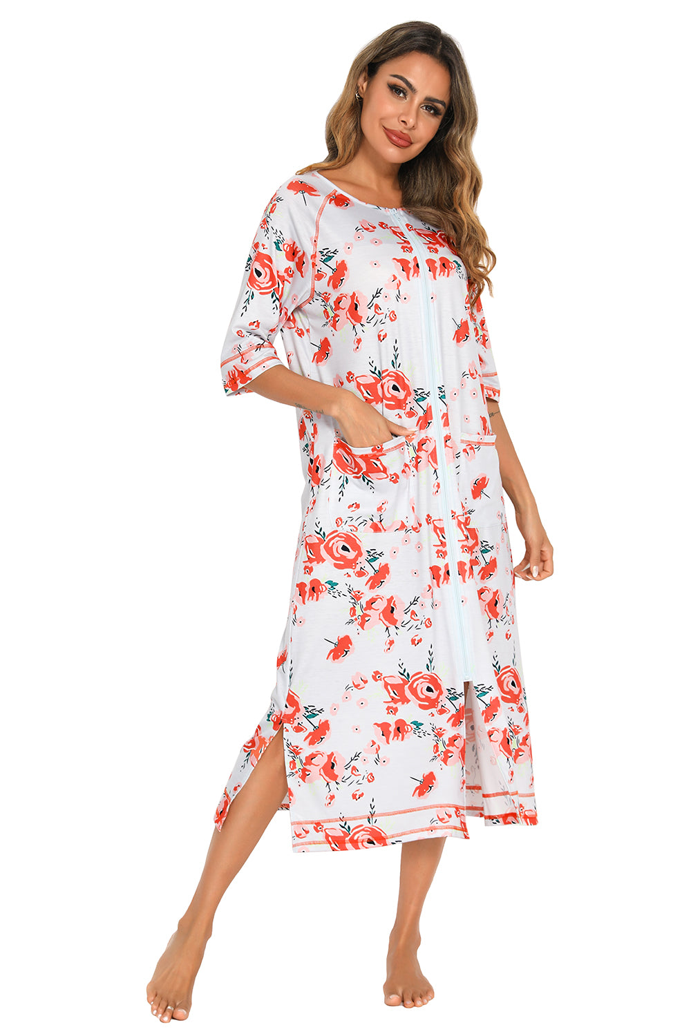 Women's Printed Slit Night Dress with Pockets