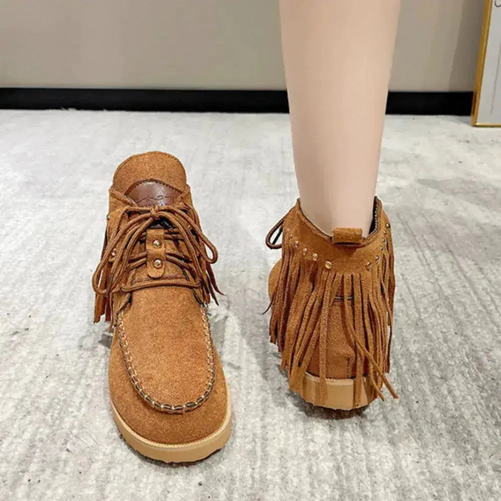 Canvas Fringe Studded Round Toe Boots by Parfymia