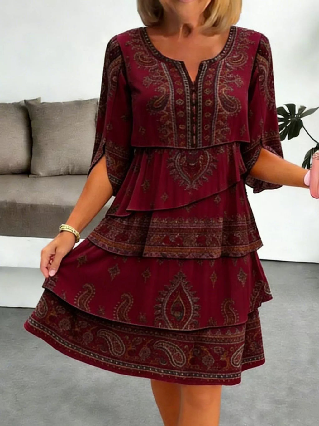 Women's Paisley Print Ruffle Mini Dress Plus Size