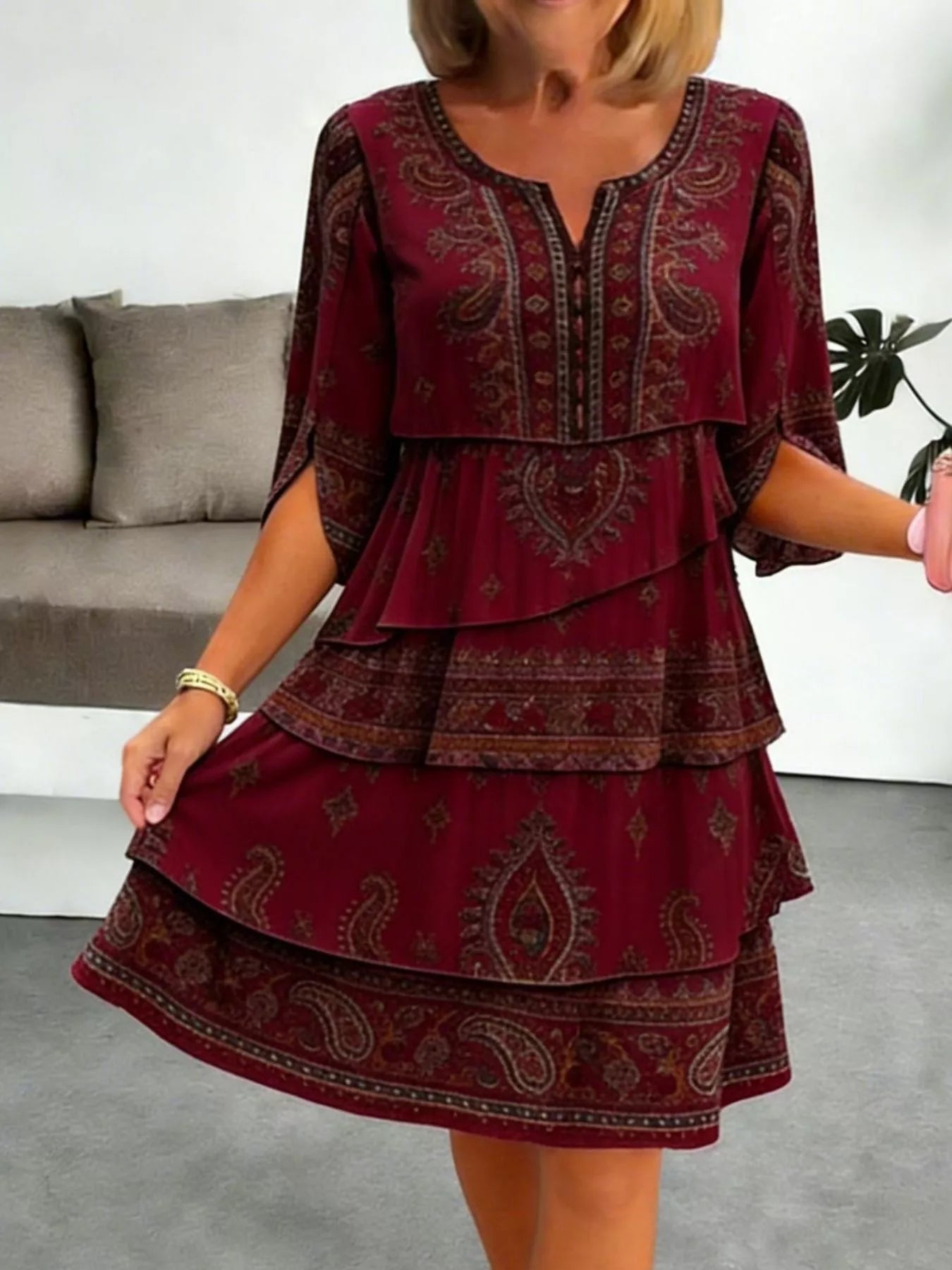 Women's Paisley Print Ruffle Mini Dress Plus Size