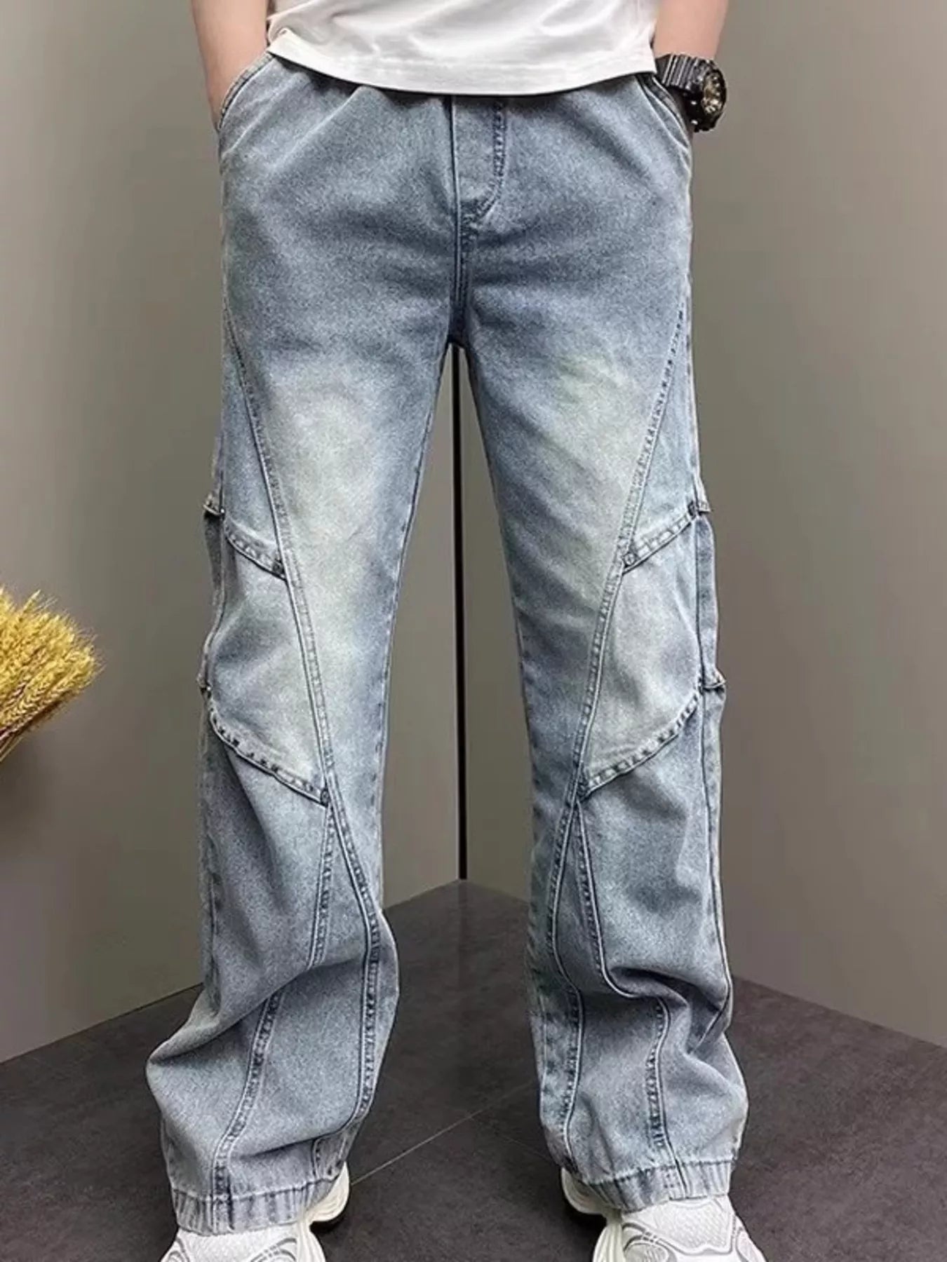 Men's Full Size Vintage Wash Wide Leg Jeans Plus Size