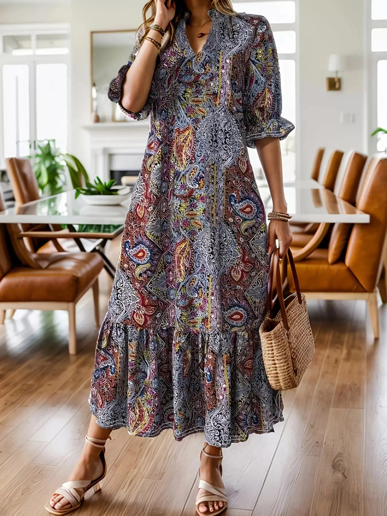 Full Size Bohemian Paisley Print Ruffle Hem Midi Dress Plus Size Trendsi