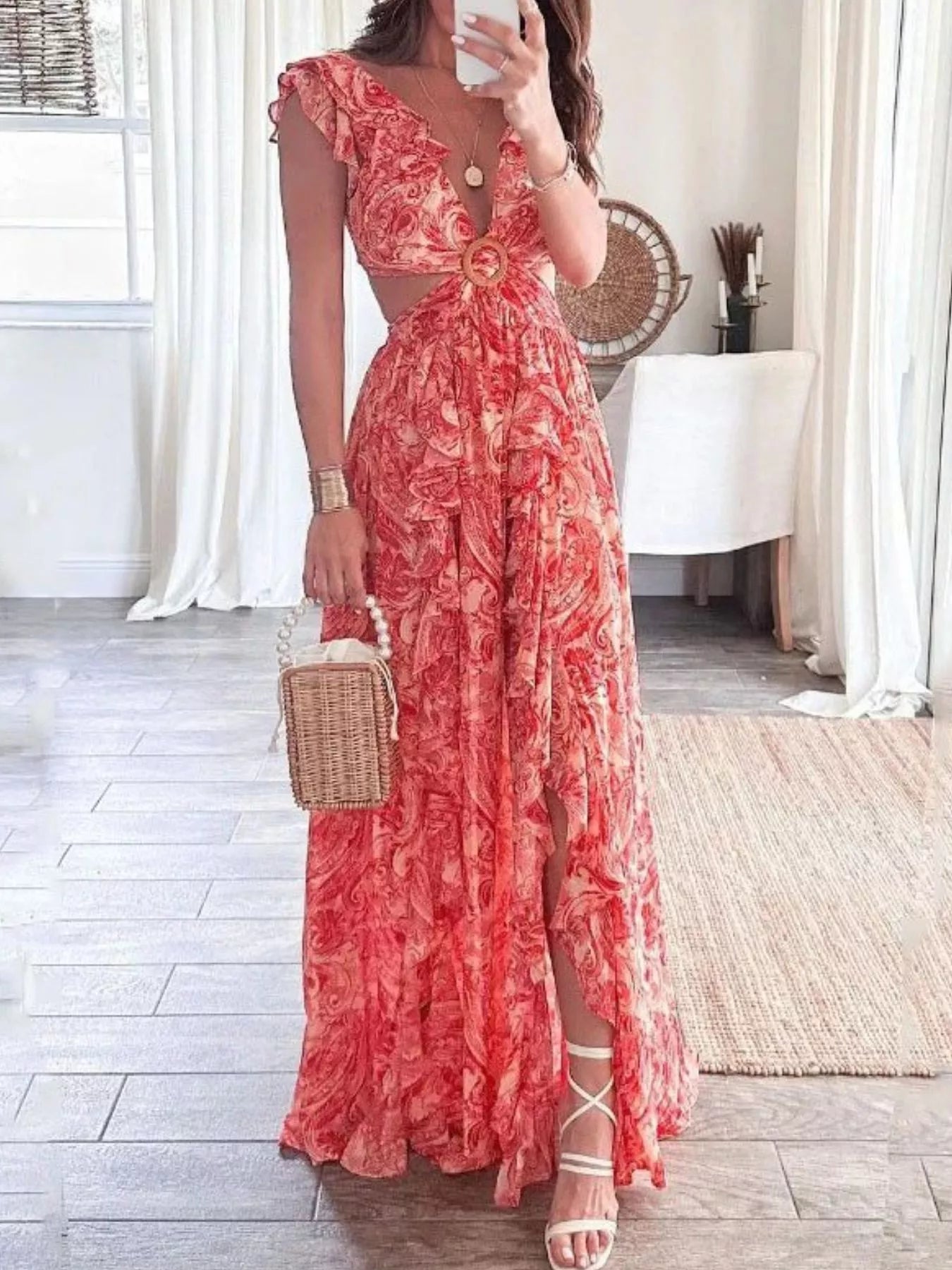 Women's Maxi Dress – Ruffled Cutout V-Neck