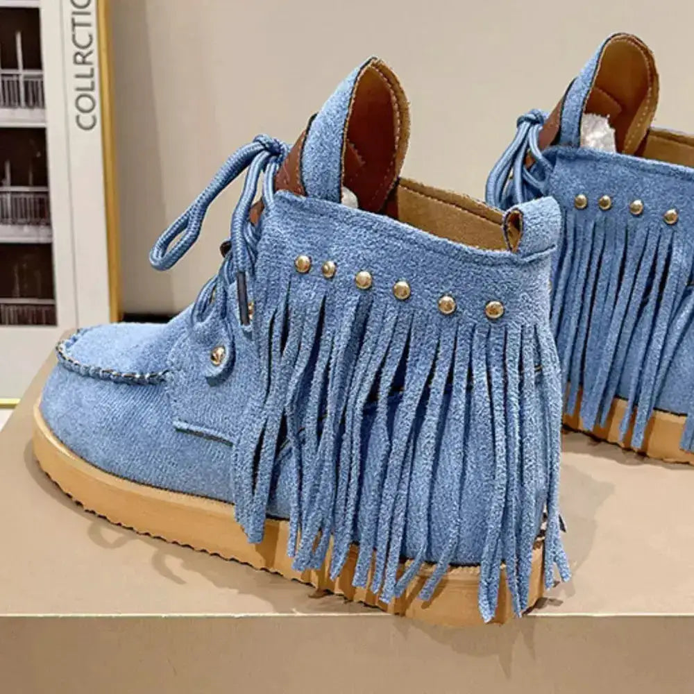 Canvas Fringe Studded Round Toe Boots by Parfymia